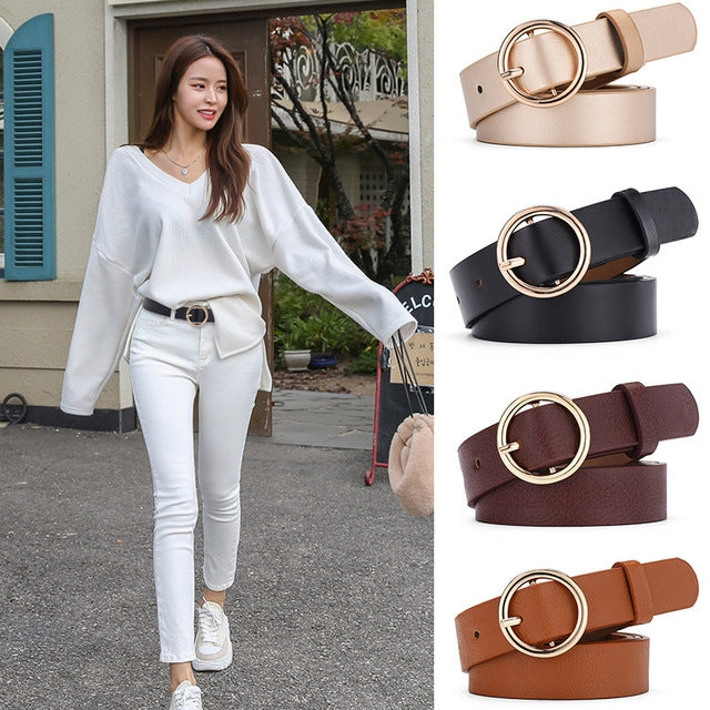 Gold Ring Belt Female PU Leather Waist Belts Jeans Pants