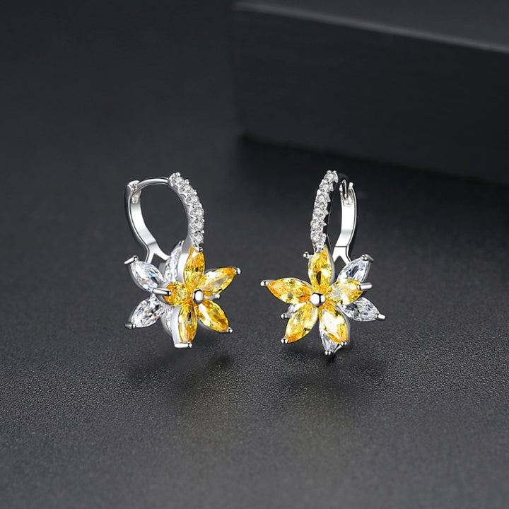 Cute Romantic Lovely Clear Stone Flower Shape Convenient Simple Stud Copper Cubic Zirconia Earrings, Blue, Green, Pink, Yellow