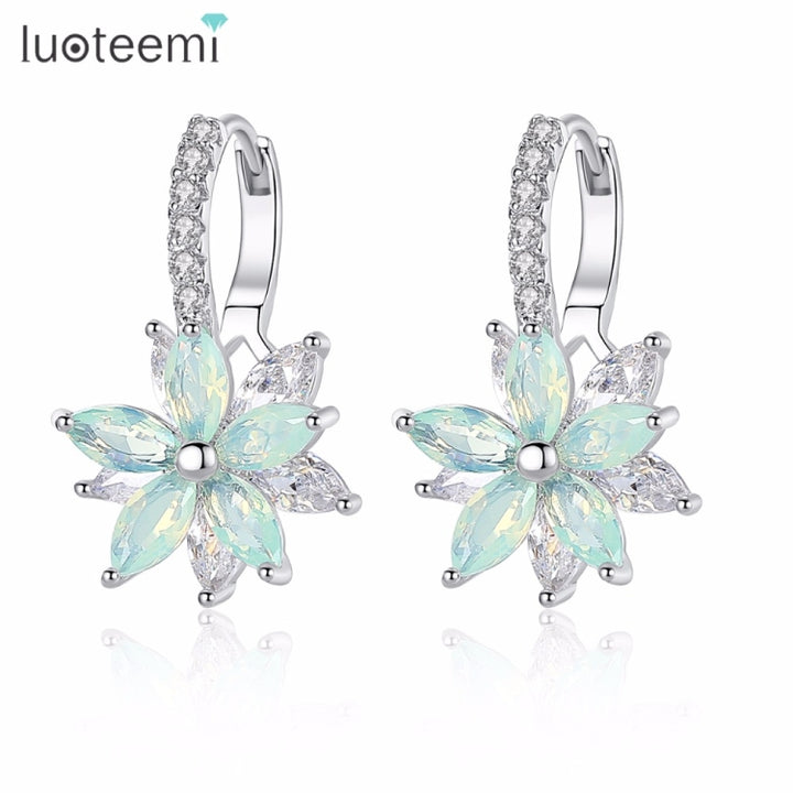 Cute Romantic Lovely Clear Stone Flower Shape Convenient Simple Stud Copper Cubic Zirconia Earrings, Blue, Green, Pink, Yellow