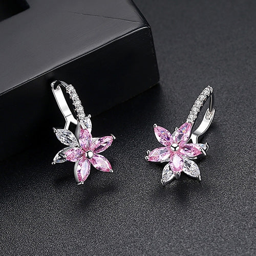 Cute Romantic Lovely Clear Stone Flower Shape Convenient Simple Stud Copper Cubic Zirconia Earrings, Blue, Green, Pink, Yellow