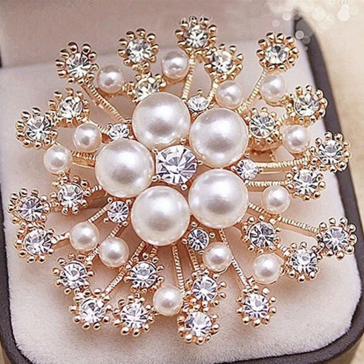 Women Large Snowflake Imitation Pearls Rhinestones Crystal  Brooch Pin Jewelry, White, Gold