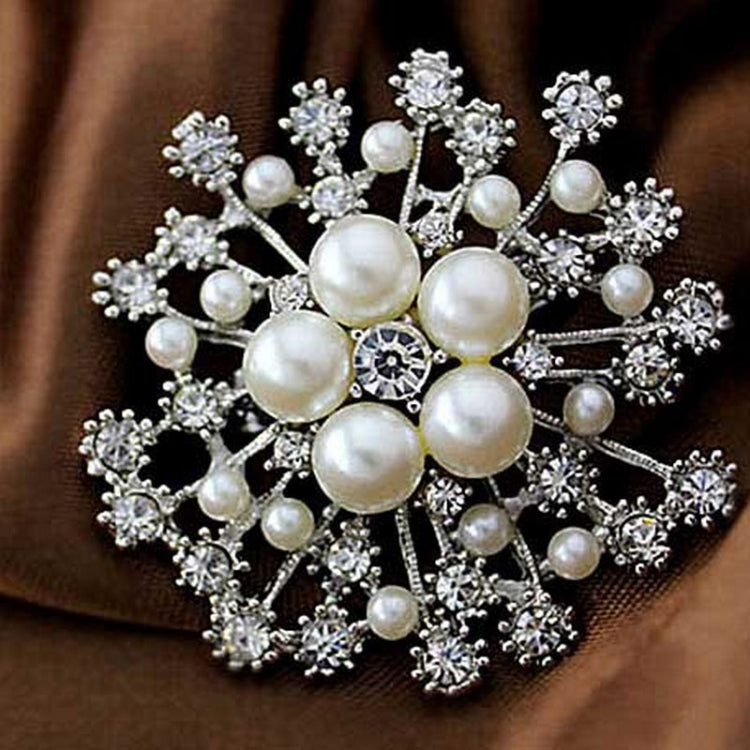 Women Large Snowflake Imitation Pearls Rhinestones Crystal  Brooch Pin Jewelry, White, Gold