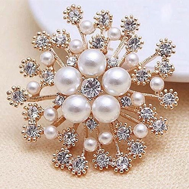 Women Large Snowflake Imitation Pearls Rhinestones Crystal  Brooch Pin Jewelry, White, Gold