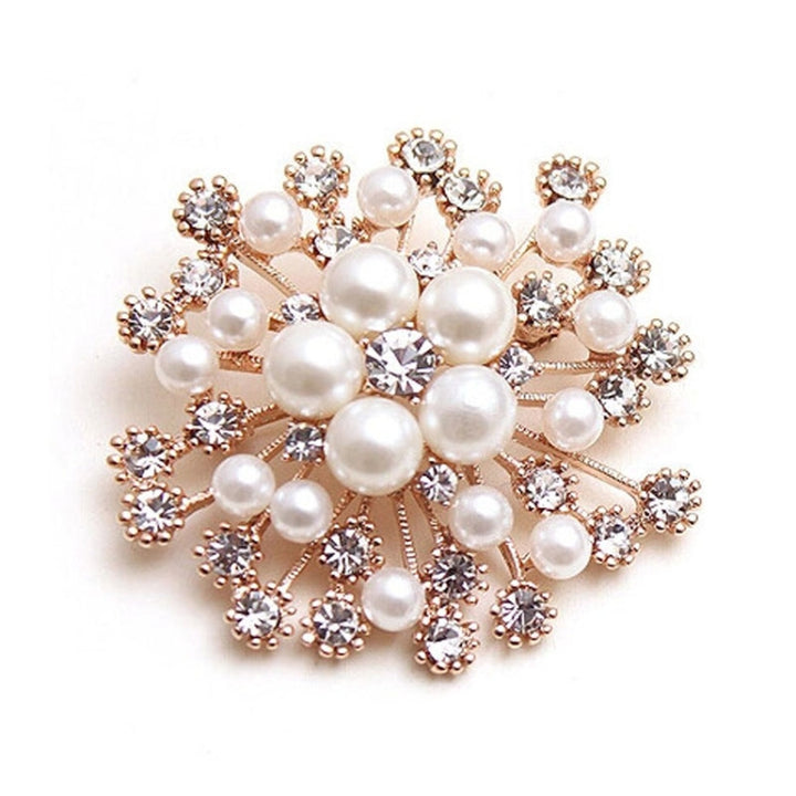 Women Large Snowflake Imitation Pearls Rhinestones Crystal  Brooch Pin Jewelry, White, Gold