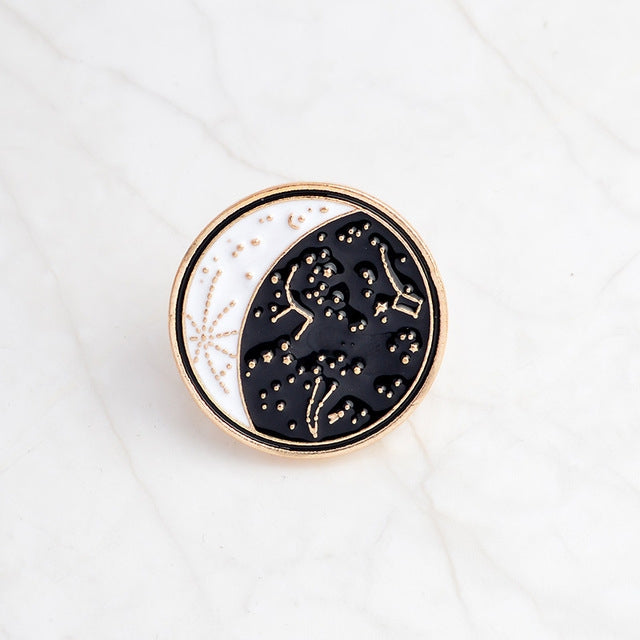 2 PCS Cartoon Constellation Moon Bottle Brooch White Black Enamel Pins Button Coat Jacket Collar Pin Badge, bottle, moon