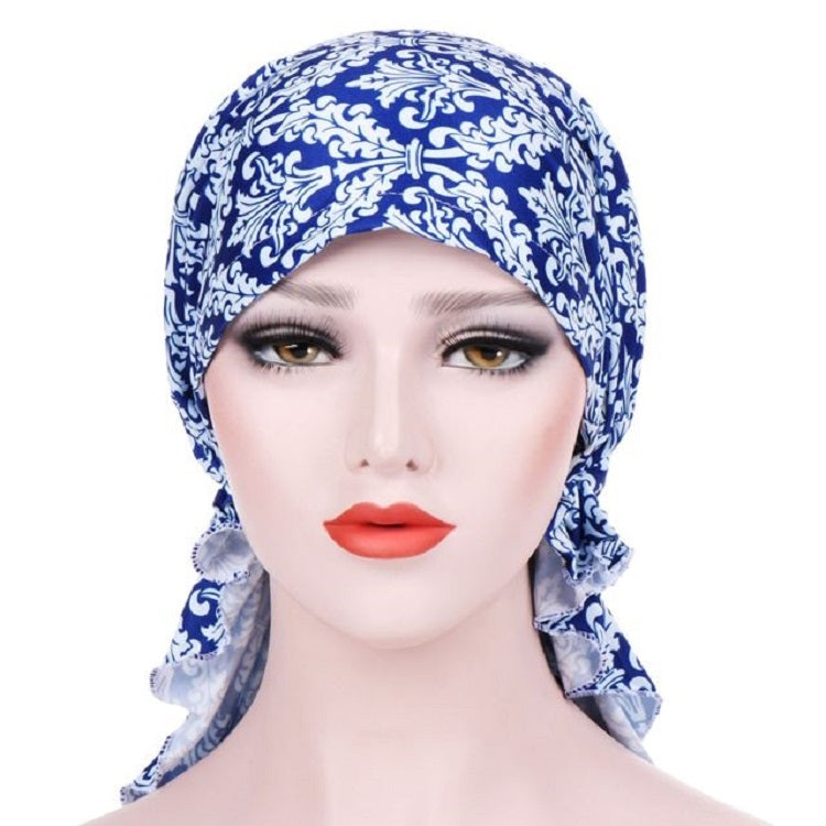 Stretch Printed Turban Big Tail Hat Flower Cloth Curved Turban Hat, M 56-58cm