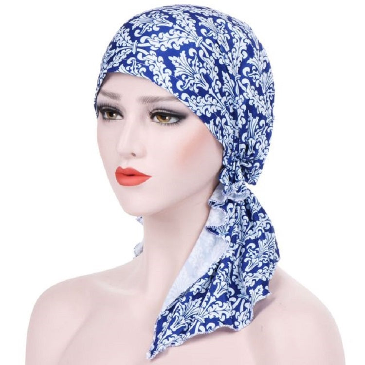 Stretch Printed Turban Big Tail Hat Flower Cloth Curved Turban Hat, M 56-58cm