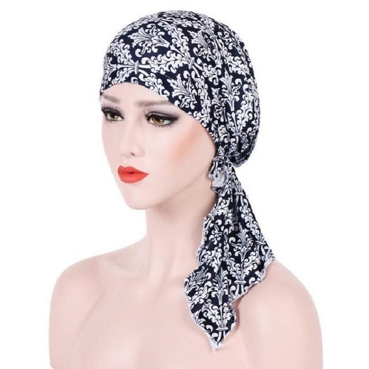 Stretch Printed Turban Big Tail Hat Flower Cloth Curved Turban Hat, M 56-58cm