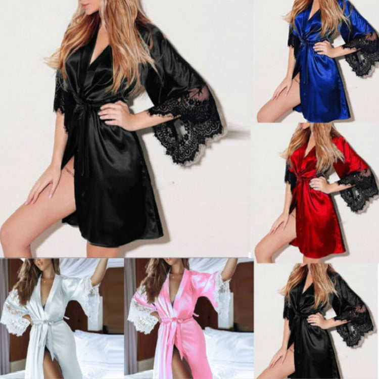 Women Sexy Silk Dressing Lace Bathrobe Pajamas, S, M, L, XL