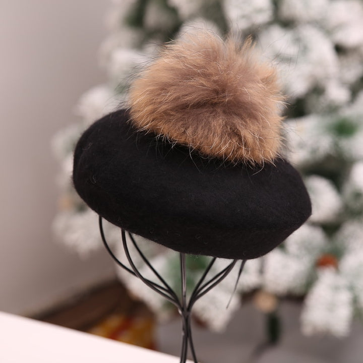 Women Retro Plush Ball Beret Loose Cashmere Beanie Hat, One Size