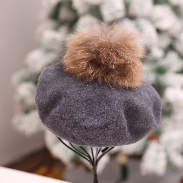 Women Retro Plush Ball Beret Loose Cashmere Beanie Hat, One Size