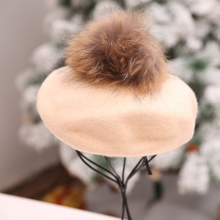 Women Retro Plush Ball Beret Loose Cashmere Beanie Hat, One Size