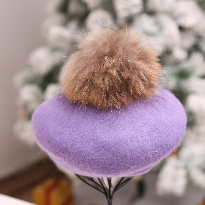 Women Retro Plush Ball Beret Loose Cashmere Beanie Hat, One Size