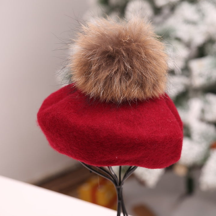 Women Retro Plush Ball Beret Loose Cashmere Beanie Hat, One Size