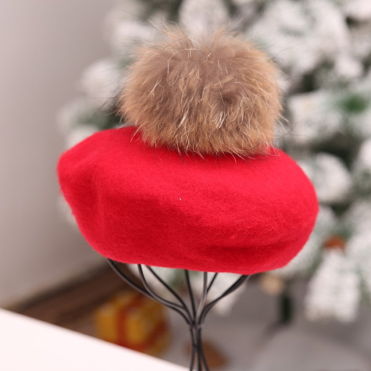 Women Retro Plush Ball Beret Loose Cashmere Beanie Hat, One Size