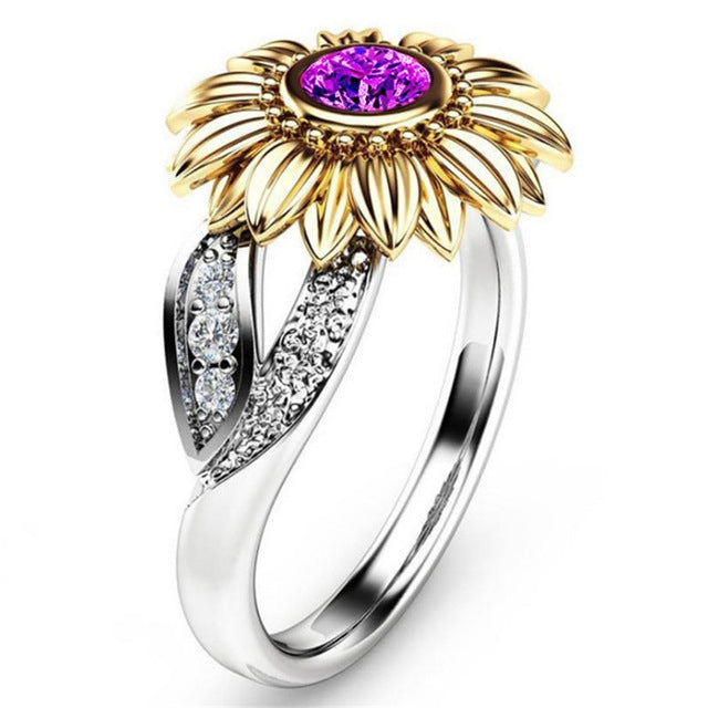 Fashion Female Cute Sunflower Crystal Rings for Women, 10, 11, 12, 5, 6, 7