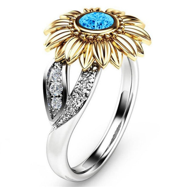 Fashion Female Cute Sunflower Crystal Rings for Women, 10, 11, 12, 5, 6, 7