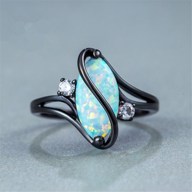 S Shape Opal Stone Black Color Rings Fashion Jewelry For Women, 10, 6, 7, 8, 9