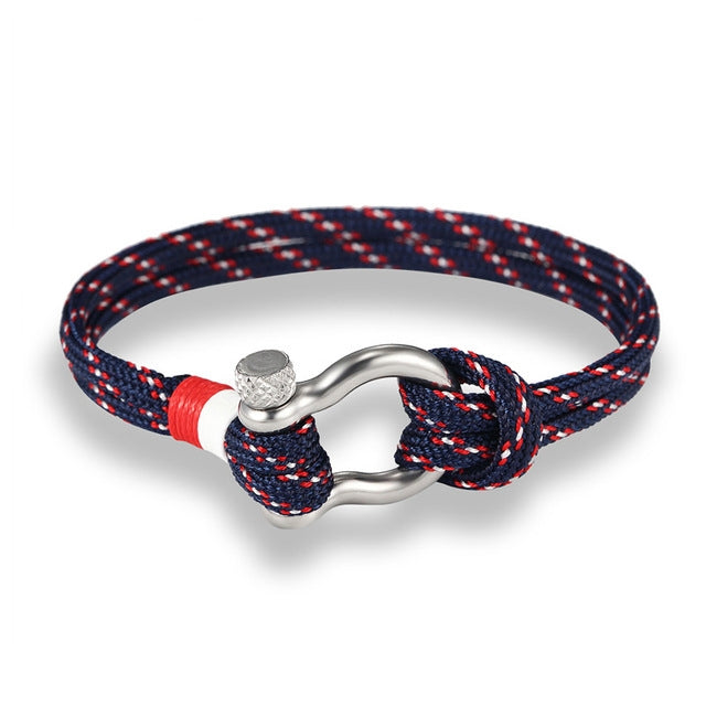 Navy Style Sport Camping Parachute Cord Survival Bracelet with Stainless Steel Shackle Buckle, Blue, Black, Red