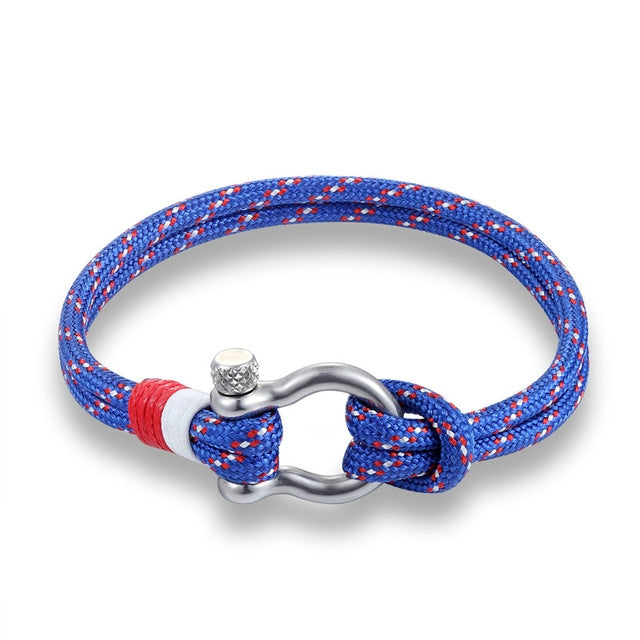 Navy Style Sport Camping Parachute Cord Survival Bracelet with Stainless Steel Shackle Buckle, Blue, Black, Red