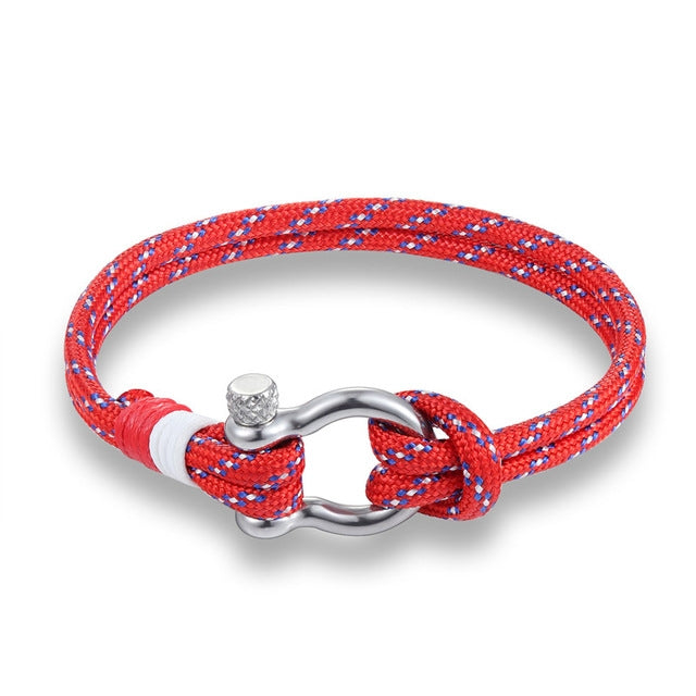 Navy Style Sport Camping Parachute Cord Survival Bracelet with Stainless Steel Shackle Buckle, Blue, Black, Red