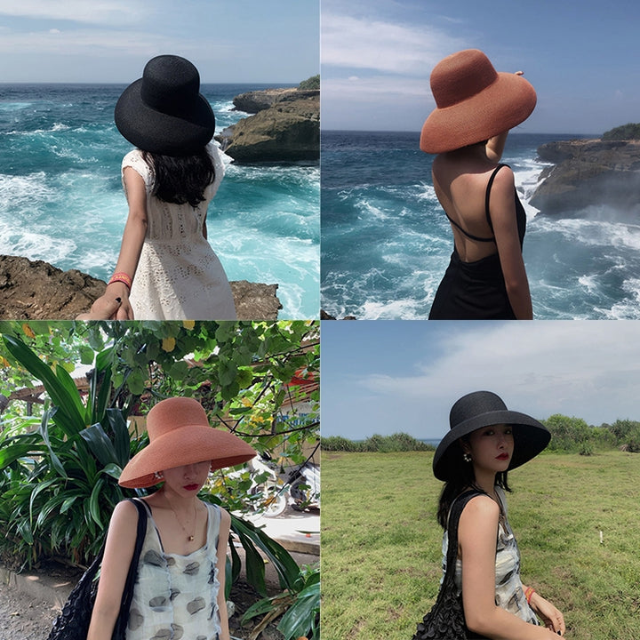 Big Eaves Straw Hat  Female Summer Sunscreen Basin Hat Beach Vacation Sunhat Fisherman Hat, Black, Yellow, Beige, Pink, Orange