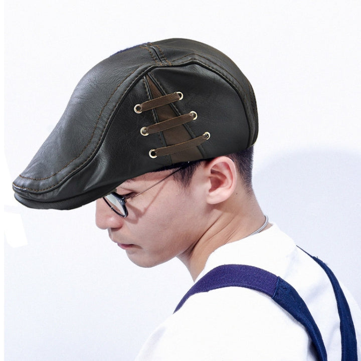 12968 Perforated Strap Design Outdoor All-Match PU Leather Peaked Cap Berets, One Size