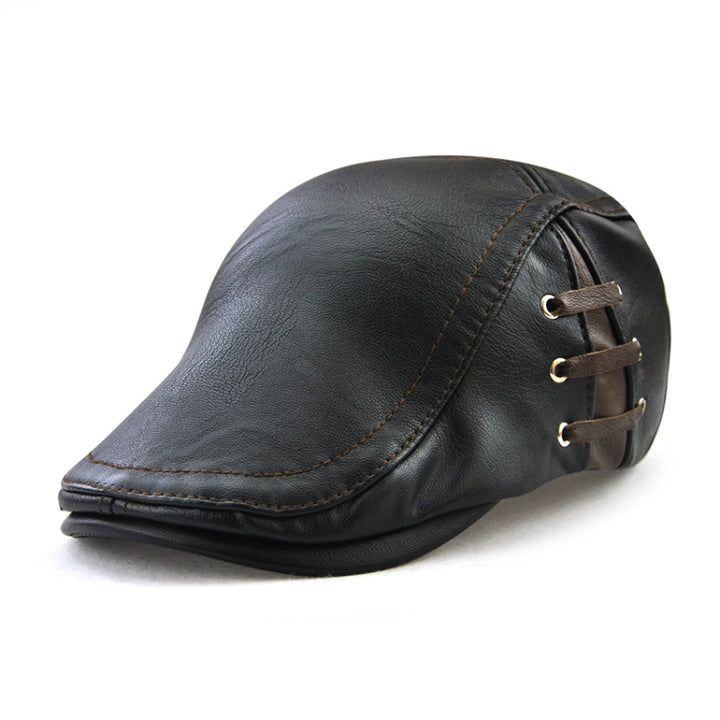 12968 Perforated Strap Design Outdoor All-Match PU Leather Peaked Cap Berets, One Size