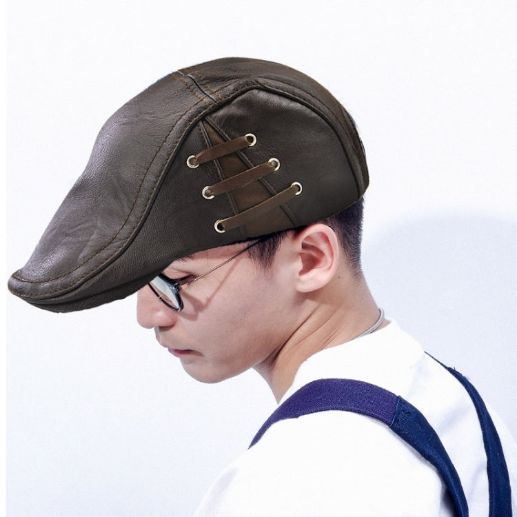 12968 Perforated Strap Design Outdoor All-Match PU Leather Peaked Cap Berets, One Size