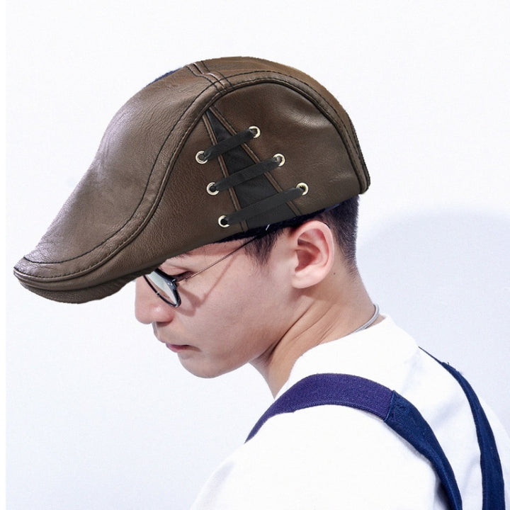 12968 Perforated Strap Design Outdoor All-Match PU Leather Peaked Cap Berets, One Size