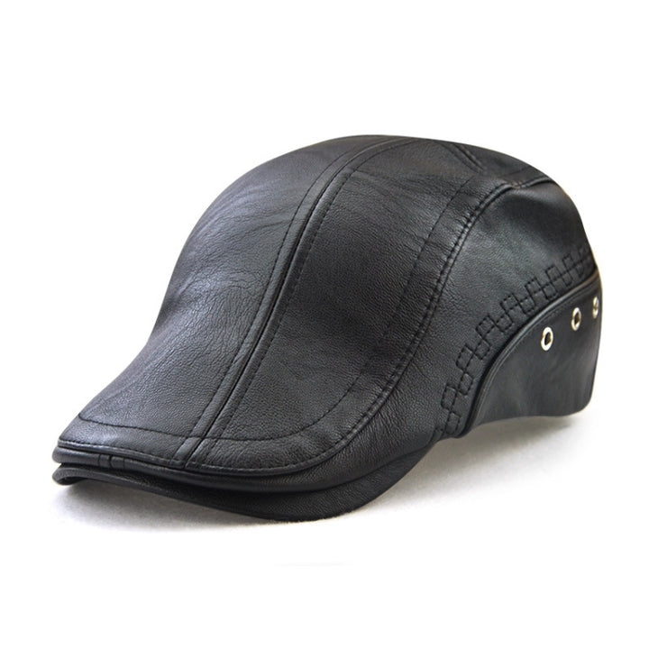 12982 Autumn and Winter Adjustable PU Leather Perforated Peaked Cap, One Size