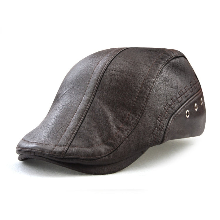 12982 Autumn and Winter Adjustable PU Leather Perforated Peaked Cap, One Size