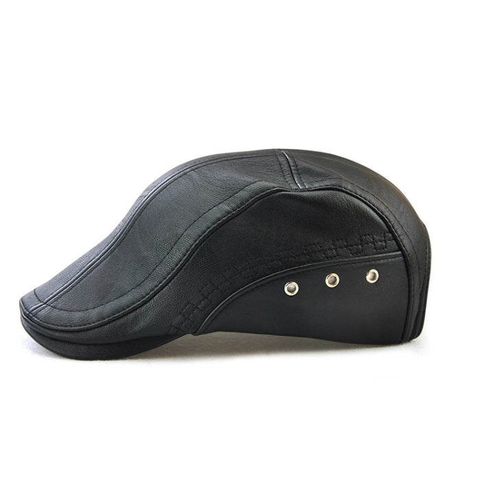 12982 Autumn and Winter Adjustable PU Leather Perforated Peaked Cap, One Size