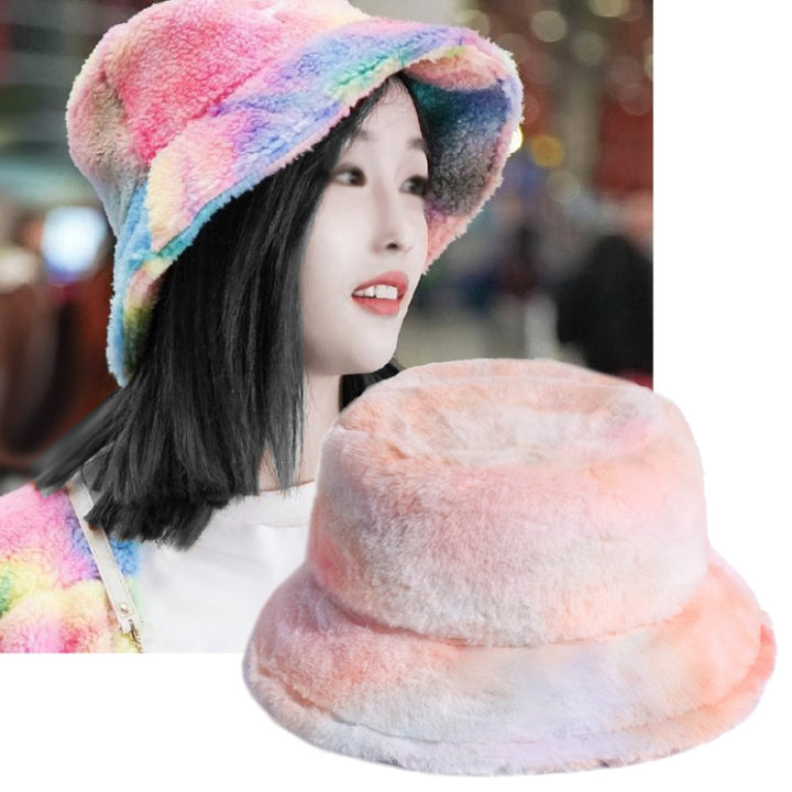 Rainbow Color Plush Fisherman Cap Winter All-Match Warm Basin Hat, 58cm