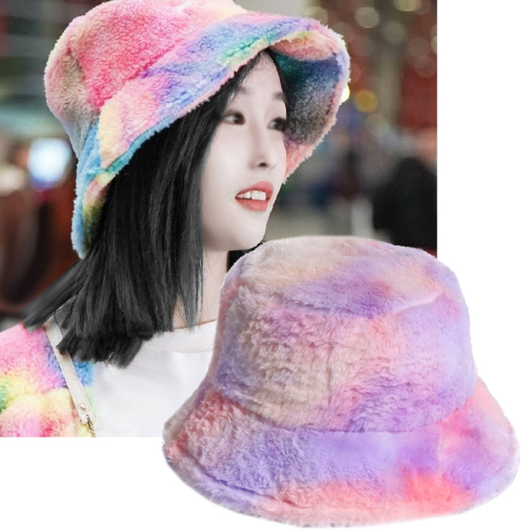 Rainbow Color Plush Fisherman Cap Winter All-Match Warm Basin Hat, 58cm