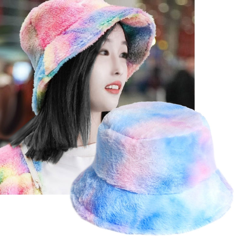 Rainbow Color Plush Fisherman Cap Winter All-Match Warm Basin Hat, 58cm