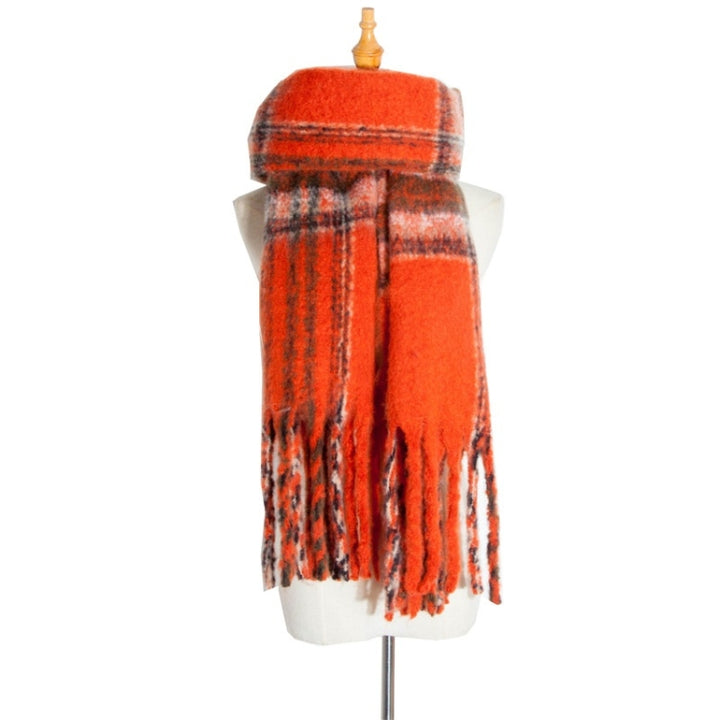 Autumn & Winter Polyester Ladies Warmth Thickened Fringed Fine Grid Scarf, 190cm