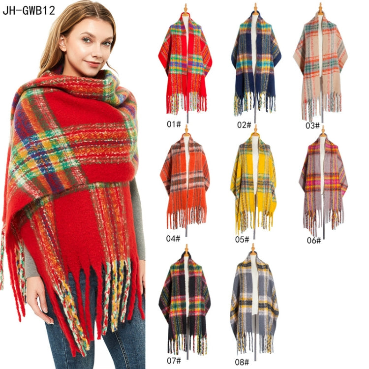 Autumn & Winter Polyester Ladies Warmth Thickened Fringed Fine Grid Scarf, 190cm