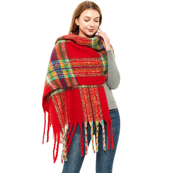 Autumn & Winter Polyester Ladies Warmth Thickened Fringed Fine Grid Scarf, 190cm