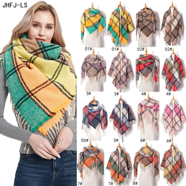 Autumn & Winter Fringed Scarf Plaid Square Scarf Thickening Ladies Shawl, 145cm