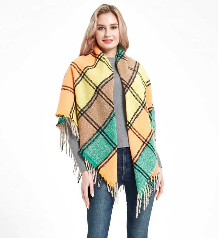 Autumn & Winter Fringed Scarf Plaid Square Scarf Thickening Ladies Shawl, 145cm