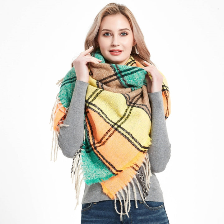 Autumn & Winter Fringed Scarf Plaid Square Scarf Thickening Ladies Shawl, 145cm