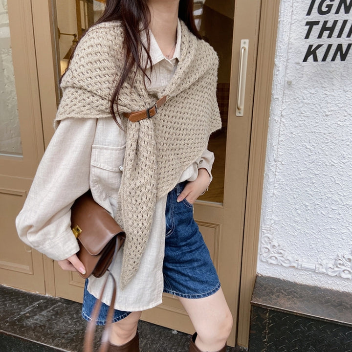 Hollow Leather Buckle Big Triangle Shawl Warm Scarf Split Triangle Scarf, Khaki, Black, Orange, Creamy-white, Dark khaki