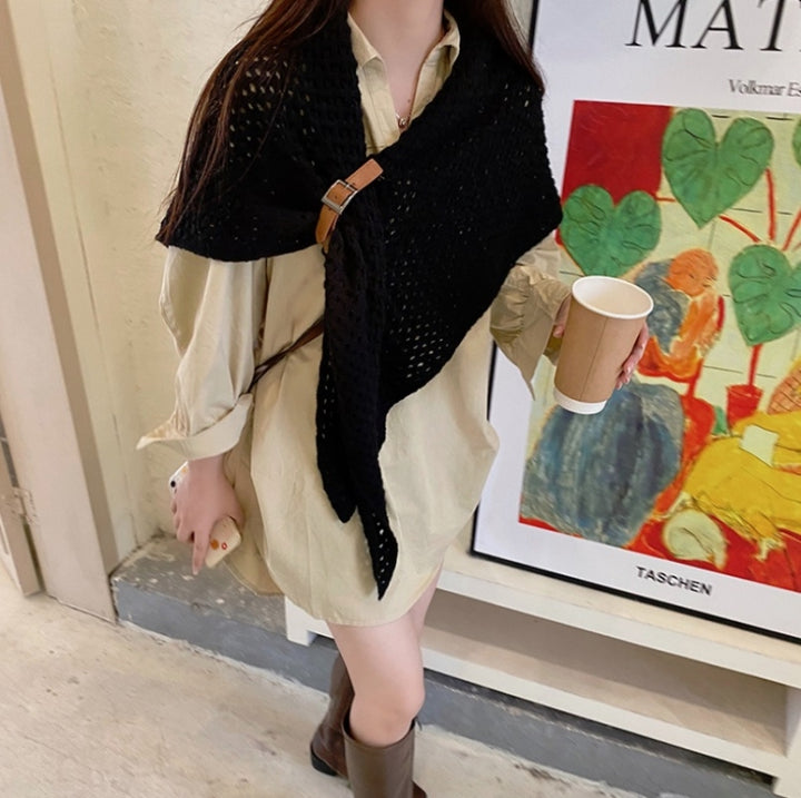 Hollow Leather Buckle Big Triangle Shawl Warm Scarf Split Triangle Scarf, Khaki, Black, Orange, Creamy-white, Dark khaki