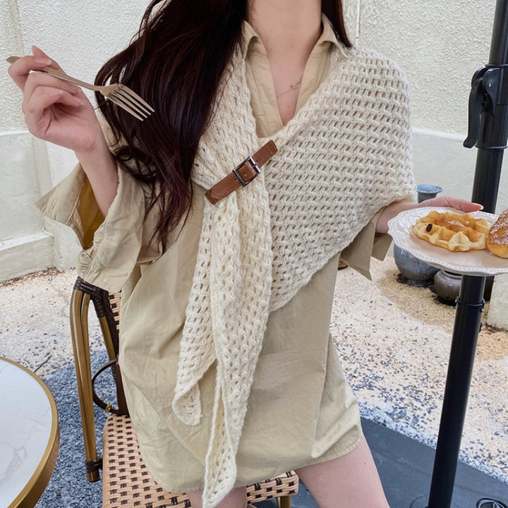 Hollow Leather Buckle Big Triangle Shawl Warm Scarf Split Triangle Scarf, Khaki, Black, Orange, Creamy-white, Dark khaki