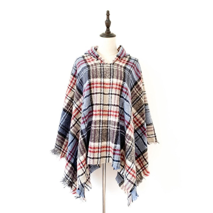 Spring Autumn Winter Checkered Pattern Hooded Cloak Shawl Scarf, 135cm