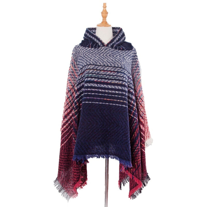 Spring Autumn Winter Checkered Pattern Hooded Cloak Shawl Scarf, 135cm