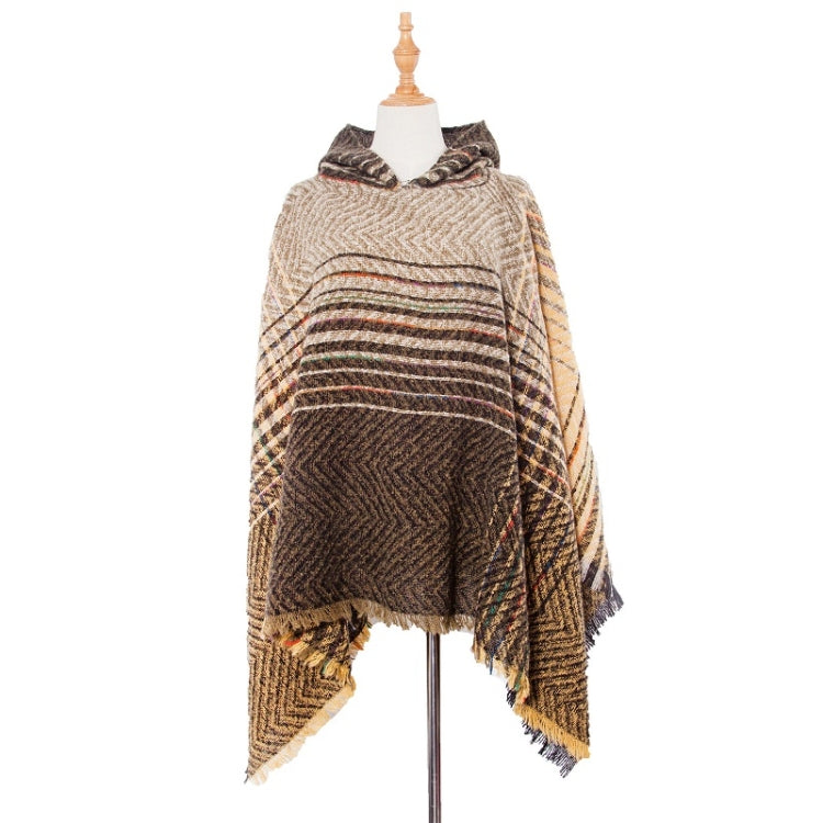 Spring Autumn Winter Checkered Pattern Hooded Cloak Shawl Scarf, 135cm