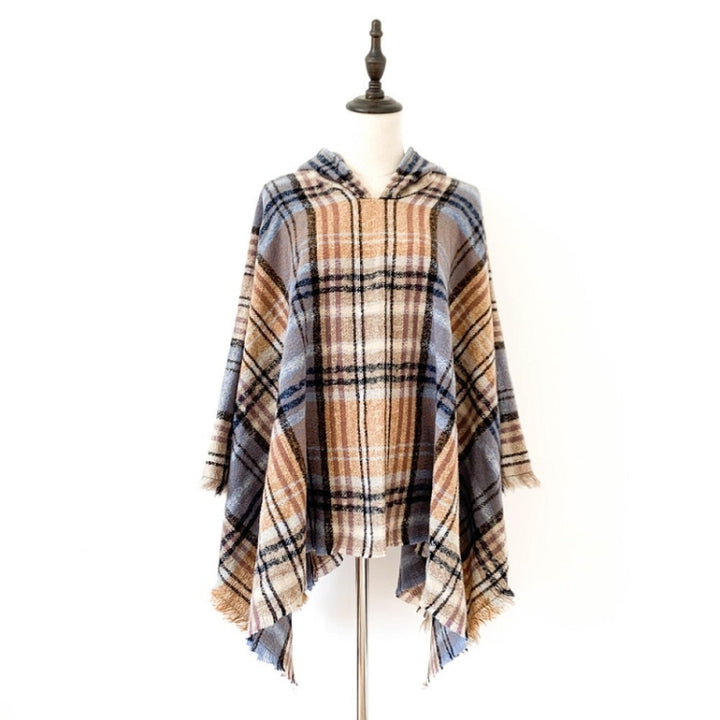 Spring Autumn Winter Checkered Pattern Hooded Cloak Shawl Scarf, 135cm