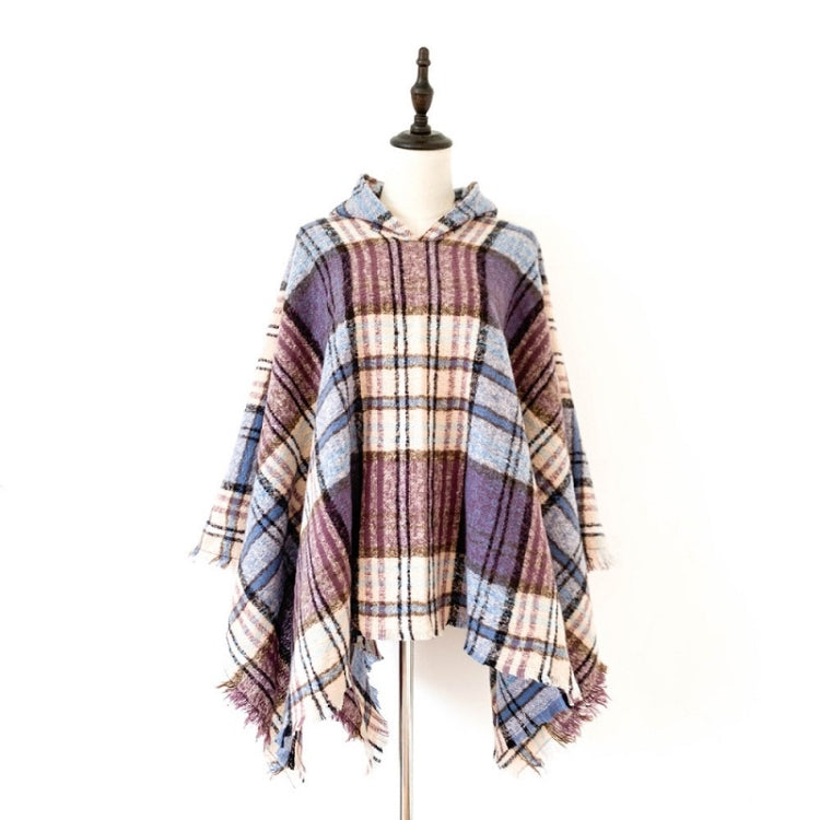 Spring Autumn Winter Checkered Pattern Hooded Cloak Shawl Scarf, 135cm